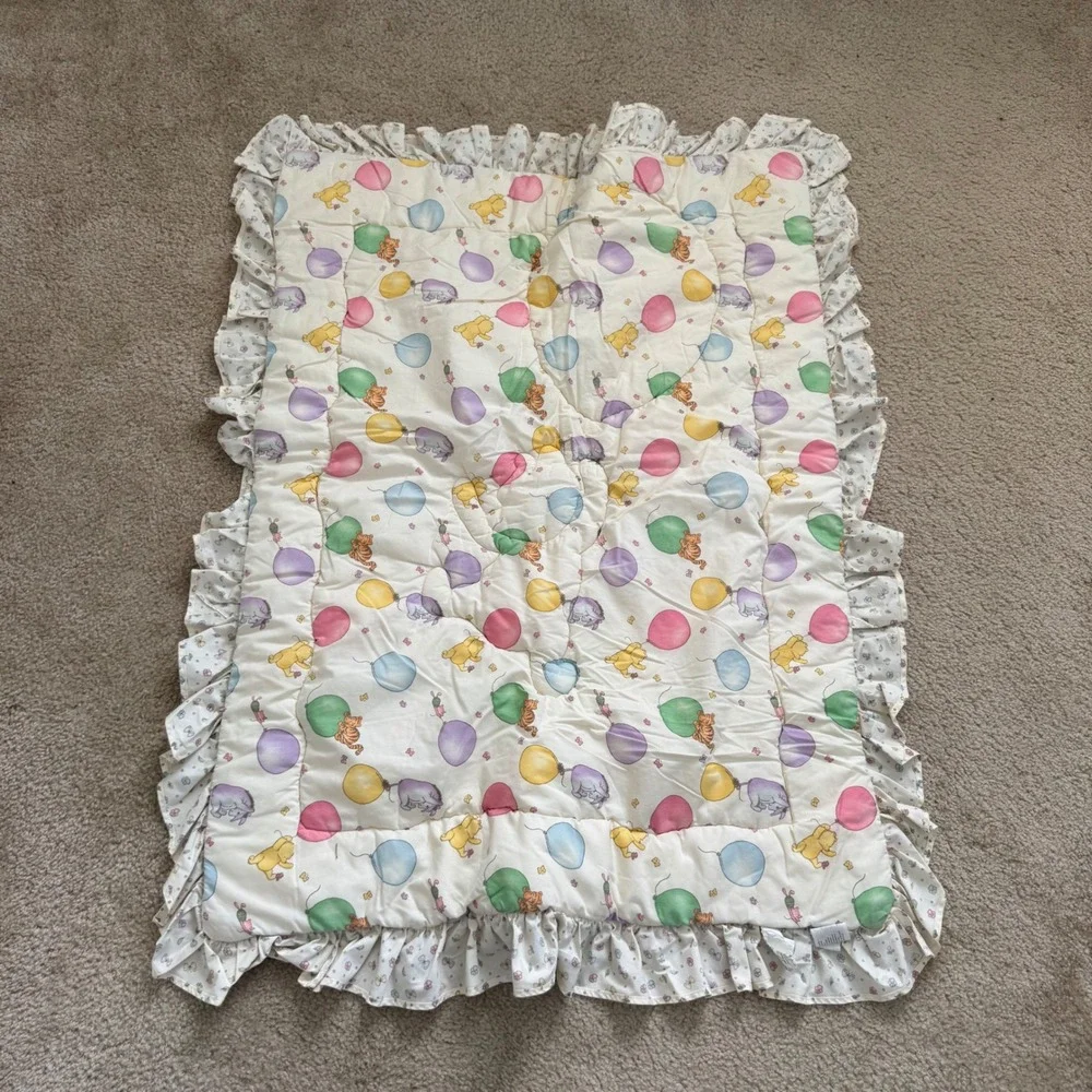 Vintage Disney Classic Pooh Baby Quilt Cream Pink 1999 Vintage Ruffle Blanket
